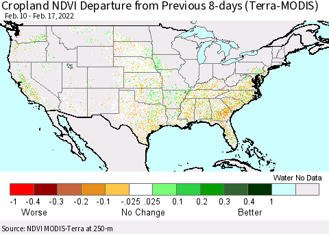 United States Cropland NDVI Departure from Previous 8-days (Terra-MODIS) Thematic Map For 2/10/2022 - 2/17/2022
