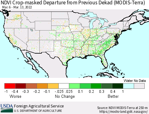 United States Cropland NDVI Departure from Previous Dekad (Terra-MODIS) Thematic Map For 3/11/2022 - 3/20/2022