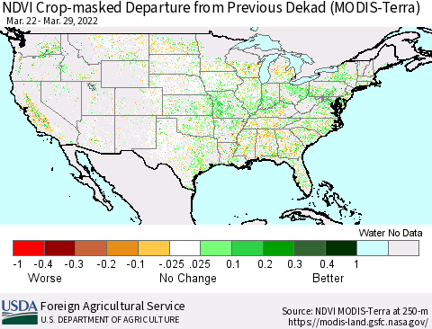 United States Cropland NDVI Departure from Previous Dekad (Terra-MODIS) Thematic Map For 3/21/2022 - 3/31/2022