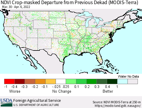 United States Cropland NDVI Departure from Previous Dekad (Terra-MODIS) Thematic Map For 4/1/2022 - 4/10/2022