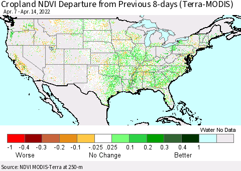 United States Cropland NDVI Departure from Previous 8-days (Terra-MODIS) Thematic Map For 4/7/2022 - 4/14/2022