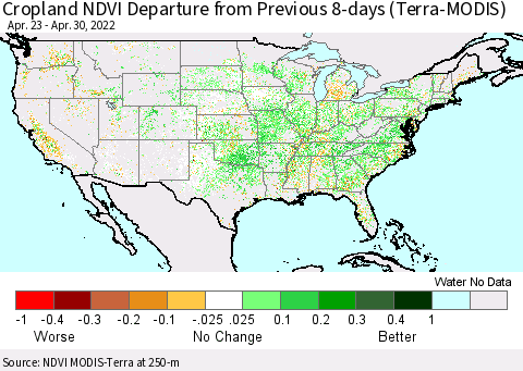United States Cropland NDVI Departure from Previous Dekad (Terra-MODIS) Thematic Map For 4/21/2022 - 4/30/2022