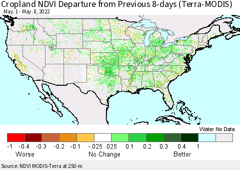 United States Cropland NDVI Departure from Previous 8-days (Terra-MODIS) Thematic Map For 5/1/2022 - 5/8/2022