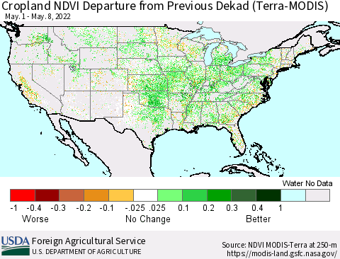 United States Cropland NDVI Departure from Previous Dekad (Terra-MODIS) Thematic Map For 5/1/2022 - 5/10/2022