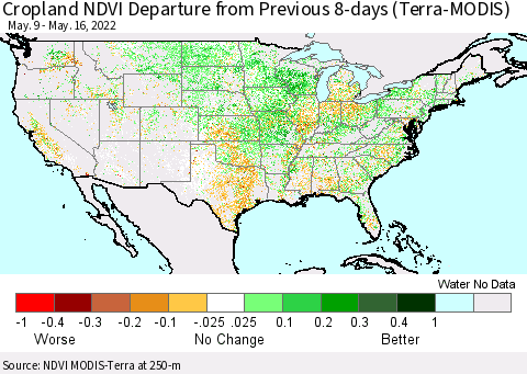 United States Cropland NDVI Departure from Previous 8-days (Terra-MODIS) Thematic Map For 5/9/2022 - 5/16/2022