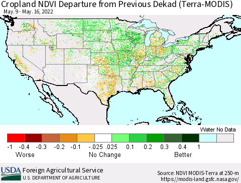 United States Cropland NDVI Departure from Previous Dekad (Terra-MODIS) Thematic Map For 5/11/2022 - 5/20/2022