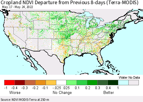 United States Cropland NDVI Departure from Previous 8-days (Terra-MODIS) Thematic Map For 5/17/2022 - 5/24/2022