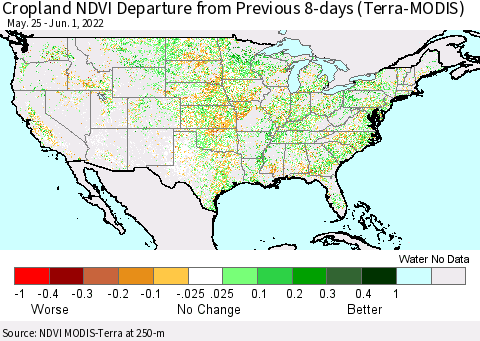 United States Cropland NDVI Departure from Previous 8-days (Terra-MODIS) Thematic Map For 5/25/2022 - 6/1/2022
