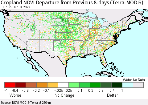 United States Cropland NDVI Departure from Previous 8-days (Terra-MODIS) Thematic Map For 6/2/2022 - 6/9/2022