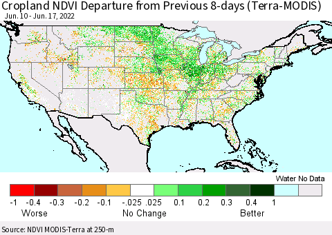 United States Cropland NDVI Departure from Previous 8-days (Terra-MODIS) Thematic Map For 6/10/2022 - 6/17/2022