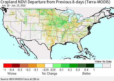 United States Cropland NDVI Departure from Previous 8-days (Terra-MODIS) Thematic Map For 6/18/2022 - 6/25/2022