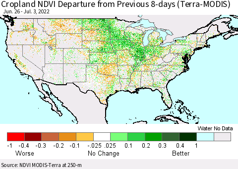 United States Cropland NDVI Departure from Previous 8-days (Terra-MODIS) Thematic Map For 6/26/2022 - 7/3/2022