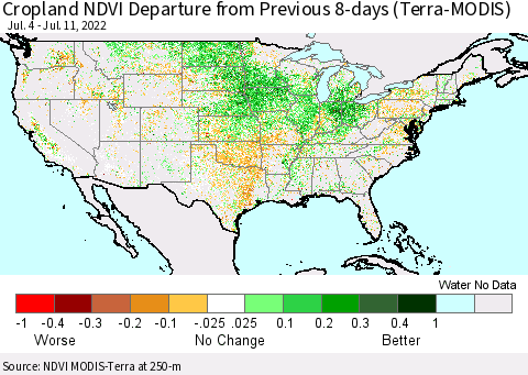 United States Cropland NDVI Departure from Previous 8-days (Terra-MODIS) Thematic Map For 7/4/2022 - 7/11/2022