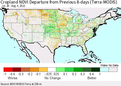 United States Cropland NDVI Departure from Previous 8-days (Terra-MODIS) Thematic Map For 7/28/2022 - 8/4/2022