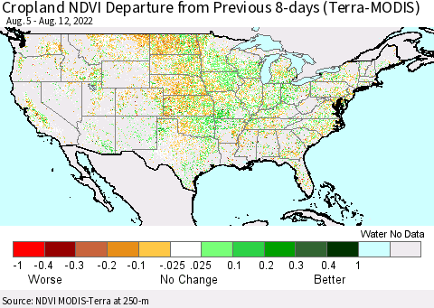 United States Cropland NDVI Departure from Previous 8-days (Terra-MODIS) Thematic Map For 8/5/2022 - 8/12/2022