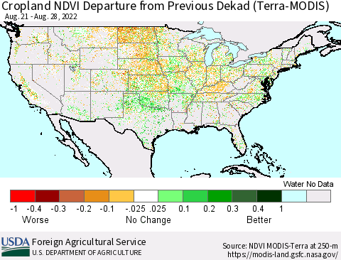 United States Cropland NDVI Departure from Previous Dekad (Terra-MODIS) Thematic Map For 8/21/2022 - 8/31/2022