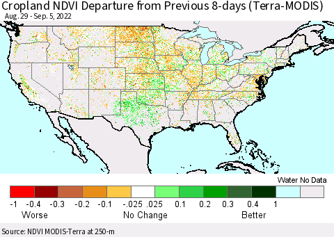 United States Cropland NDVI Departure from Previous 8-days (Terra-MODIS) Thematic Map For 8/29/2022 - 9/5/2022
