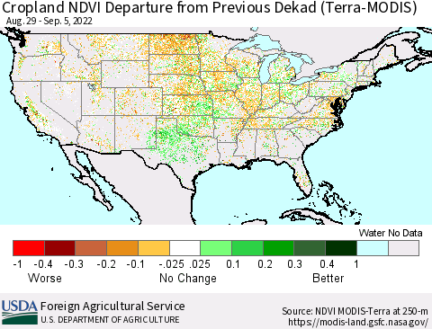 United States Cropland NDVI Departure from Previous Dekad (Terra-MODIS) Thematic Map For 9/1/2022 - 9/10/2022