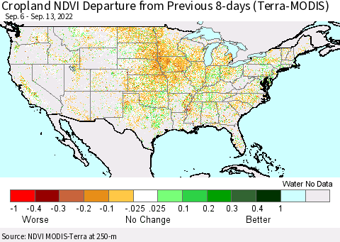 United States Cropland NDVI Departure from Previous 8-days (Terra-MODIS) Thematic Map For 9/6/2022 - 9/13/2022