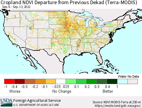 United States Cropland NDVI Departure from Previous Dekad (Terra-MODIS) Thematic Map For 9/11/2022 - 9/20/2022