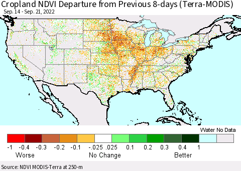 United States Cropland NDVI Departure from Previous 8-days (Terra-MODIS) Thematic Map For 9/14/2022 - 9/21/2022