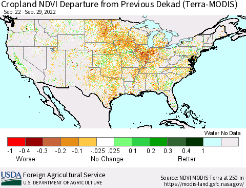 United States Cropland NDVI Departure from Previous Dekad (Terra-MODIS) Thematic Map For 9/21/2022 - 9/30/2022