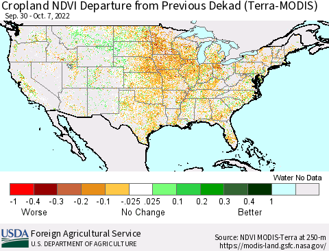 United States Cropland NDVI Departure from Previous Dekad (Terra-MODIS) Thematic Map For 10/1/2022 - 10/10/2022