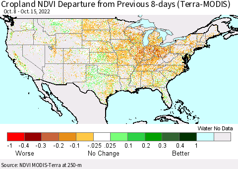 United States Cropland NDVI Departure from Previous 8-days (Terra-MODIS) Thematic Map For 10/8/2022 - 10/15/2022