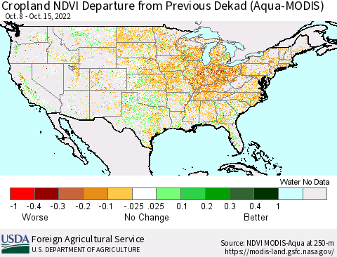 United States Cropland NDVI Departure from Previous Dekad (Terra-MODIS) Thematic Map For 10/11/2022 - 10/20/2022