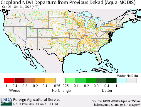 United States Cropland NDVI Departure from Previous Dekad (Terra-MODIS) Thematic Map For 10/21/2022 - 10/31/2022