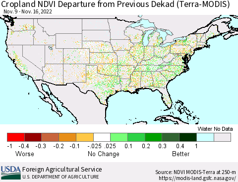 United States Cropland NDVI Departure from Previous Dekad (Terra-MODIS) Thematic Map For 11/11/2022 - 11/20/2022