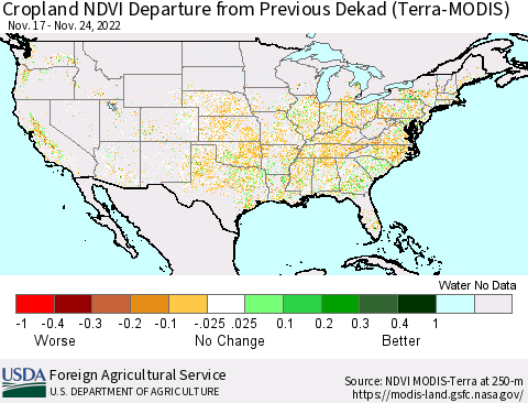 United States Cropland NDVI Departure from Previous Dekad (Terra-MODIS) Thematic Map For 11/21/2022 - 11/30/2022