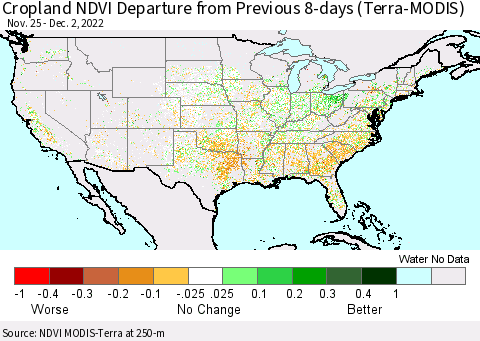 United States Cropland NDVI Departure from Previous 8-days (Terra-MODIS) Thematic Map For 11/25/2022 - 12/2/2022