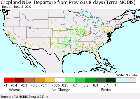 United States Cropland NDVI Departure from Previous 8-days (Terra-MODIS) Thematic Map For 12/11/2022 - 12/18/2022