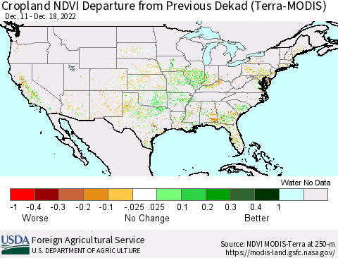United States Cropland NDVI Departure from Previous Dekad (Terra-MODIS) Thematic Map For 12/11/2022 - 12/20/2022