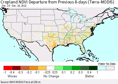 United States Cropland NDVI Departure from Previous 8-days (Terra-MODIS) Thematic Map For 12/19/2022 - 12/26/2022