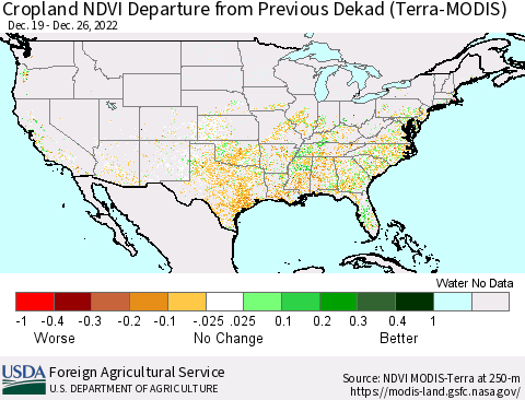 United States Cropland NDVI Departure from Previous Dekad (Terra-MODIS) Thematic Map For 12/21/2022 - 12/31/2022