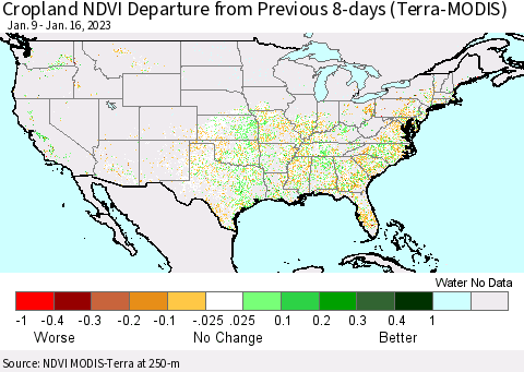 United States Cropland NDVI Departure from Previous 8-days (Terra-MODIS) Thematic Map For 1/9/2023 - 1/16/2023