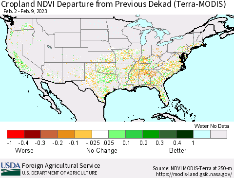 United States Cropland NDVI Departure from Previous Dekad (Terra-MODIS) Thematic Map For 2/1/2023 - 2/10/2023