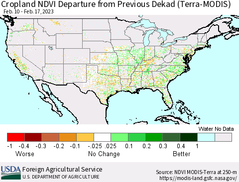 United States Cropland NDVI Departure from Previous Dekad (Terra-MODIS) Thematic Map For 2/11/2023 - 2/20/2023