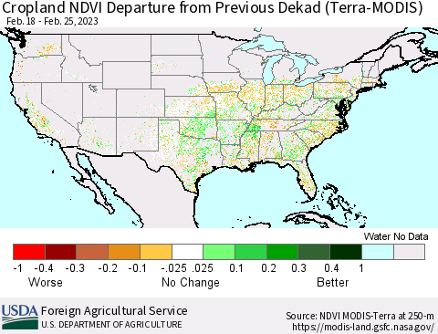 United States Cropland NDVI Departure from Previous Dekad (Terra-MODIS) Thematic Map For 2/21/2023 - 2/28/2023