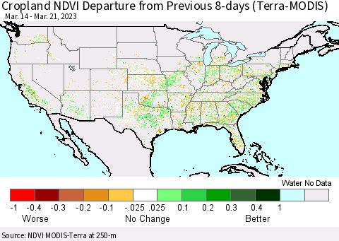 United States Cropland NDVI Departure from Previous 8-days (Terra-MODIS) Thematic Map For 3/14/2023 - 3/21/2023