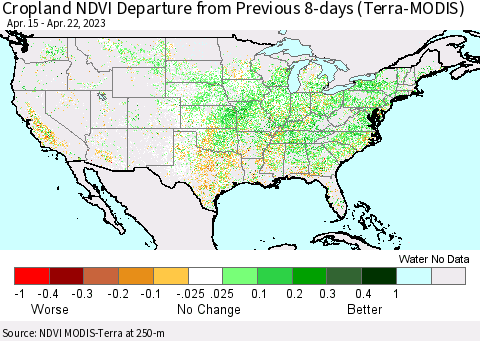 United States Cropland NDVI Departure from Previous 8-days (Terra-MODIS) Thematic Map For 4/15/2023 - 4/22/2023