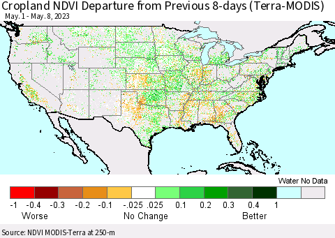 United States Cropland NDVI Departure from Previous 8-days (Terra-MODIS) Thematic Map For 5/1/2023 - 5/8/2023