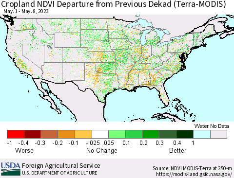 United States Cropland NDVI Departure from Previous Dekad (Terra-MODIS) Thematic Map For 5/1/2023 - 5/10/2023