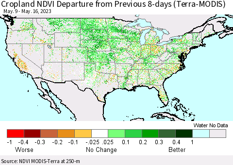 United States Cropland NDVI Departure from Previous 8-days (Terra-MODIS) Thematic Map For 5/9/2023 - 5/16/2023