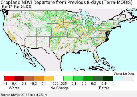 United States Cropland NDVI Departure from Previous 8-days (Terra-MODIS) Thematic Map For 5/17/2023 - 5/24/2023