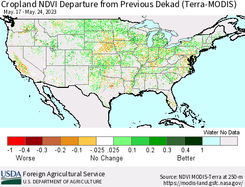 United States Cropland NDVI Departure from Previous Dekad (Terra-MODIS) Thematic Map For 5/21/2023 - 5/31/2023