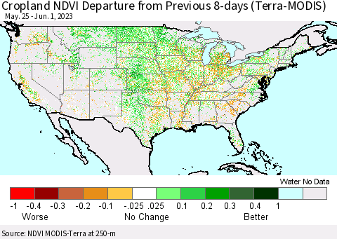 United States Cropland NDVI Departure from Previous 8-days (Terra-MODIS) Thematic Map For 5/25/2023 - 6/1/2023