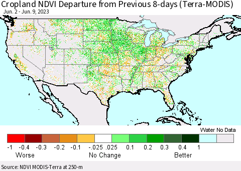 United States Cropland NDVI Departure from Previous 8-days (Terra-MODIS) Thematic Map For 6/2/2023 - 6/9/2023